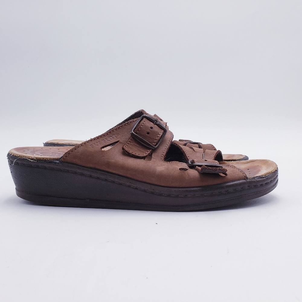 FLY FLOT Dana 2-Strap Tan Leather Sandals Italy Anti Shock Women's Size 38 US - Picture 5 of 11
